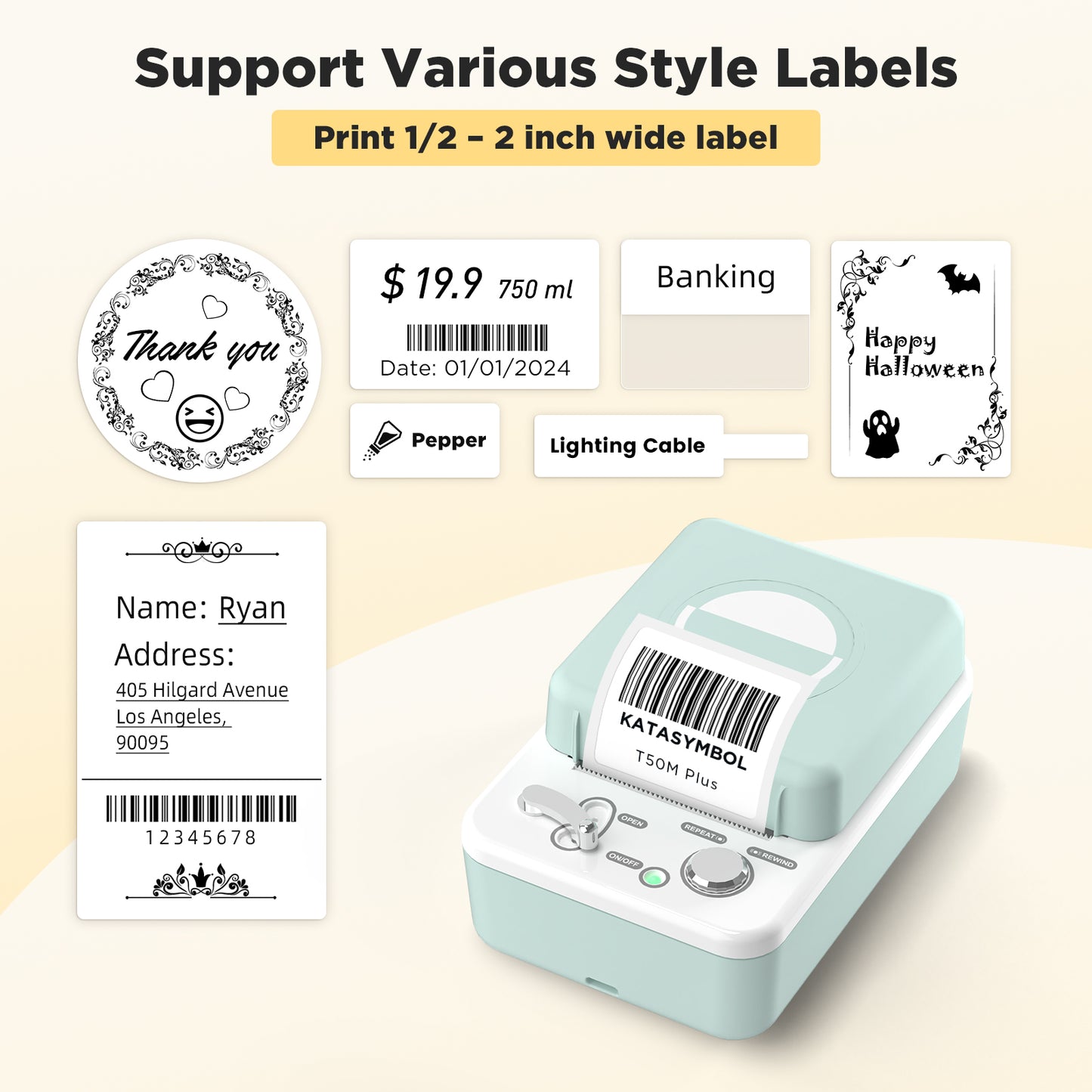 SUPVAN T50M Bluetooth Label Maker Machine with Tape, Wide Waterproof Label, Versatile App with 40 Fonts and 400+ Icons, Inkless Labeler for Home, Kitchen, School, Office Organization, Green