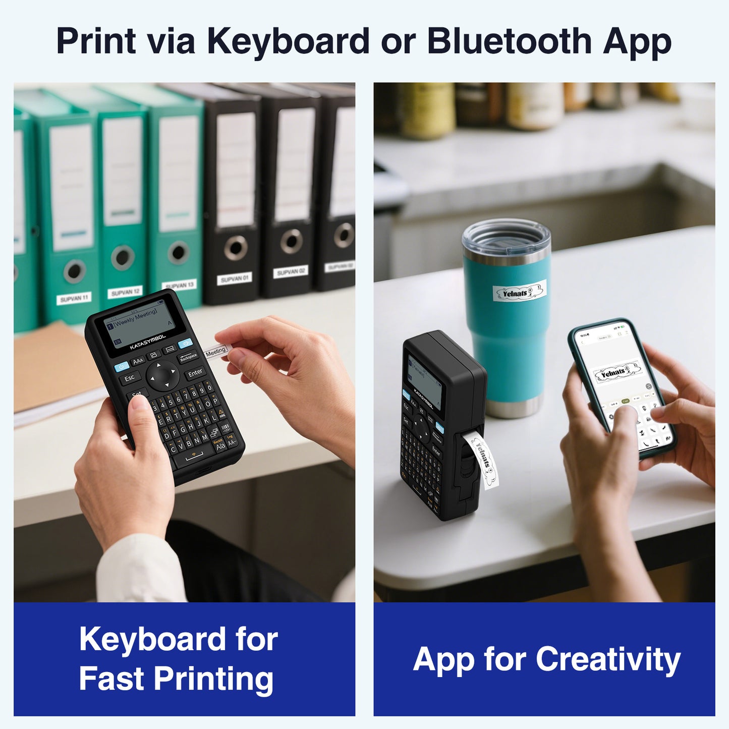 SUPVAN E11 Bluetooth Label Maker Machine with Tape, Support Keyboard & App with 40 Fonts and 450+ Icons, Rechargeable Inkless Labeler for Home, Kitchen, Office, School, Organization, Black