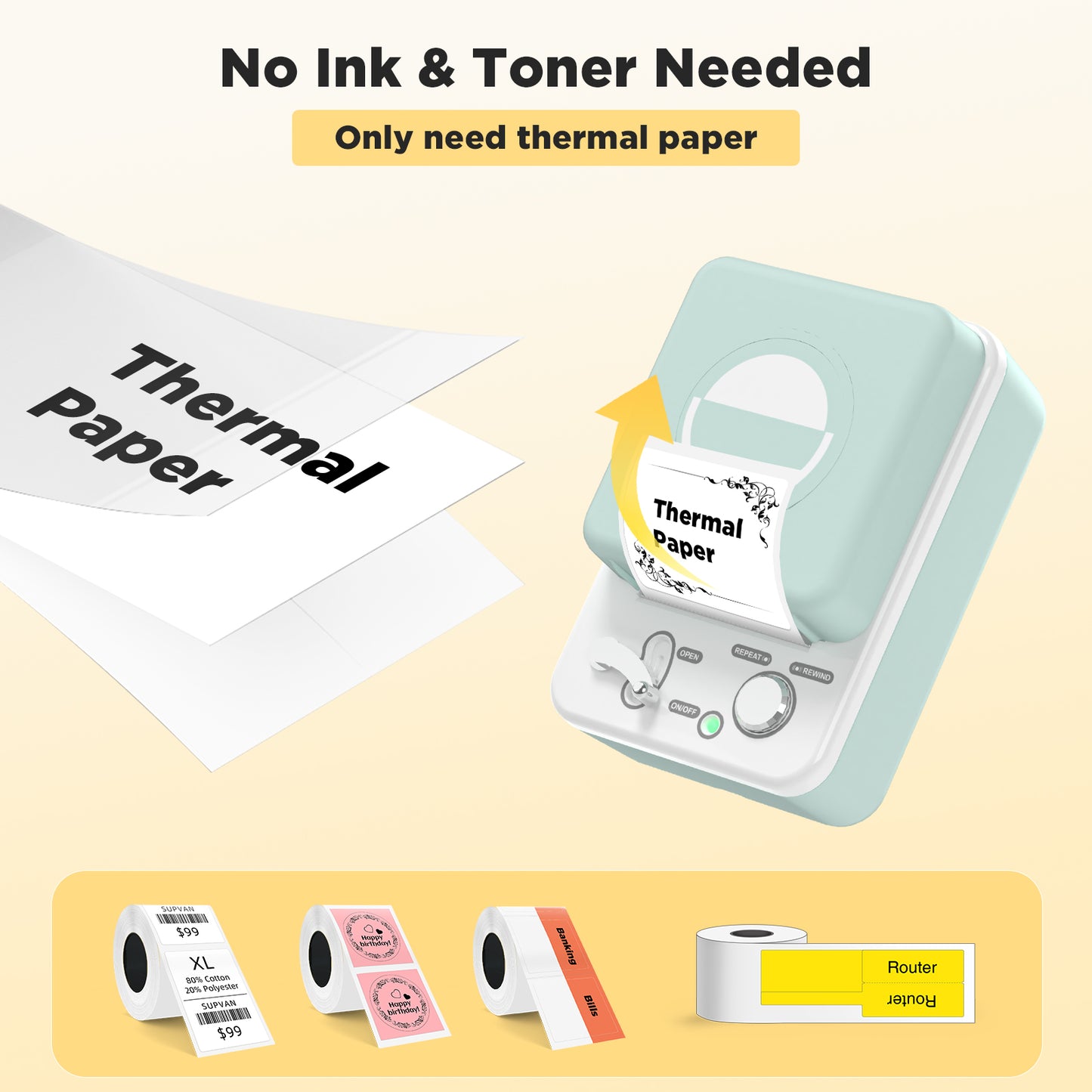 SUPVAN T50M Bluetooth Label Maker Machine with Tape, Wide Waterproof Label, Versatile App with 40 Fonts and 400+ Icons, Inkless Labeler for Home, Kitchen, School, Office Organization, Green