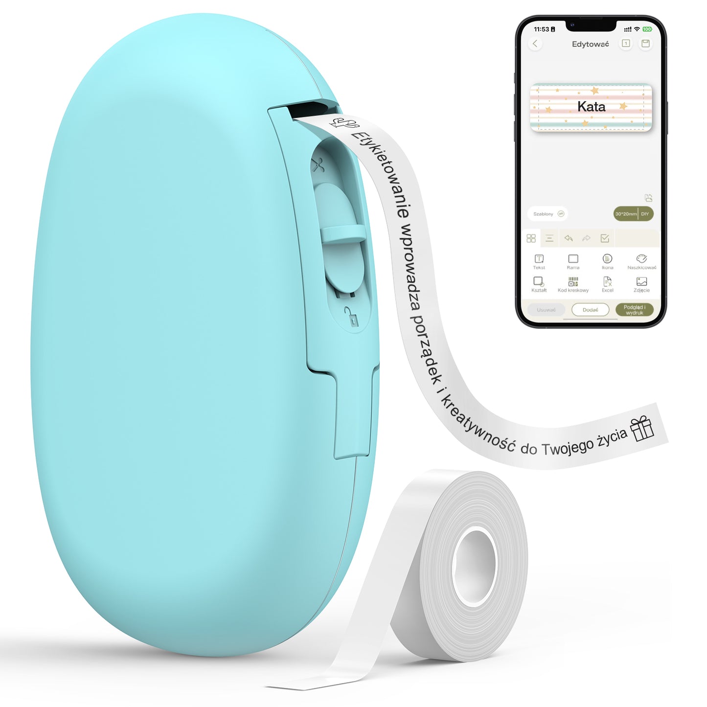 SUPVAN Drukarka Etykiet Bluetooth E10, Samoprzylepna Drukarka Etykiet, Drukarka Termiczna kompatybilna z systemem iOS Android, do domu, biura i małych firm, Cyjan