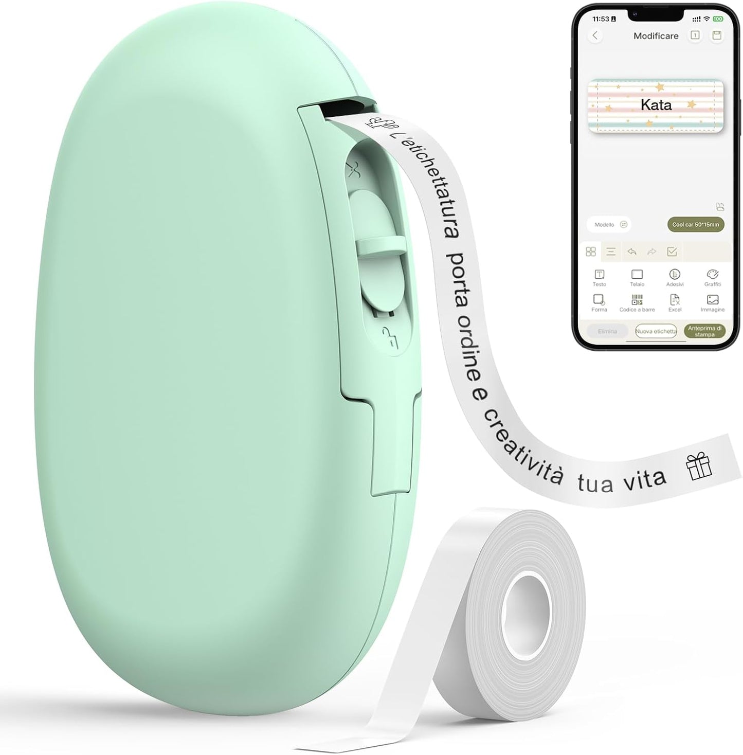 SUPVAN Stampante di Etichette - E10 Bluetooth Portatile Etichettatrice per iOS & Android, Etichettatrice Etichette Adesive con 1 Rotolo di Etichette, Verde