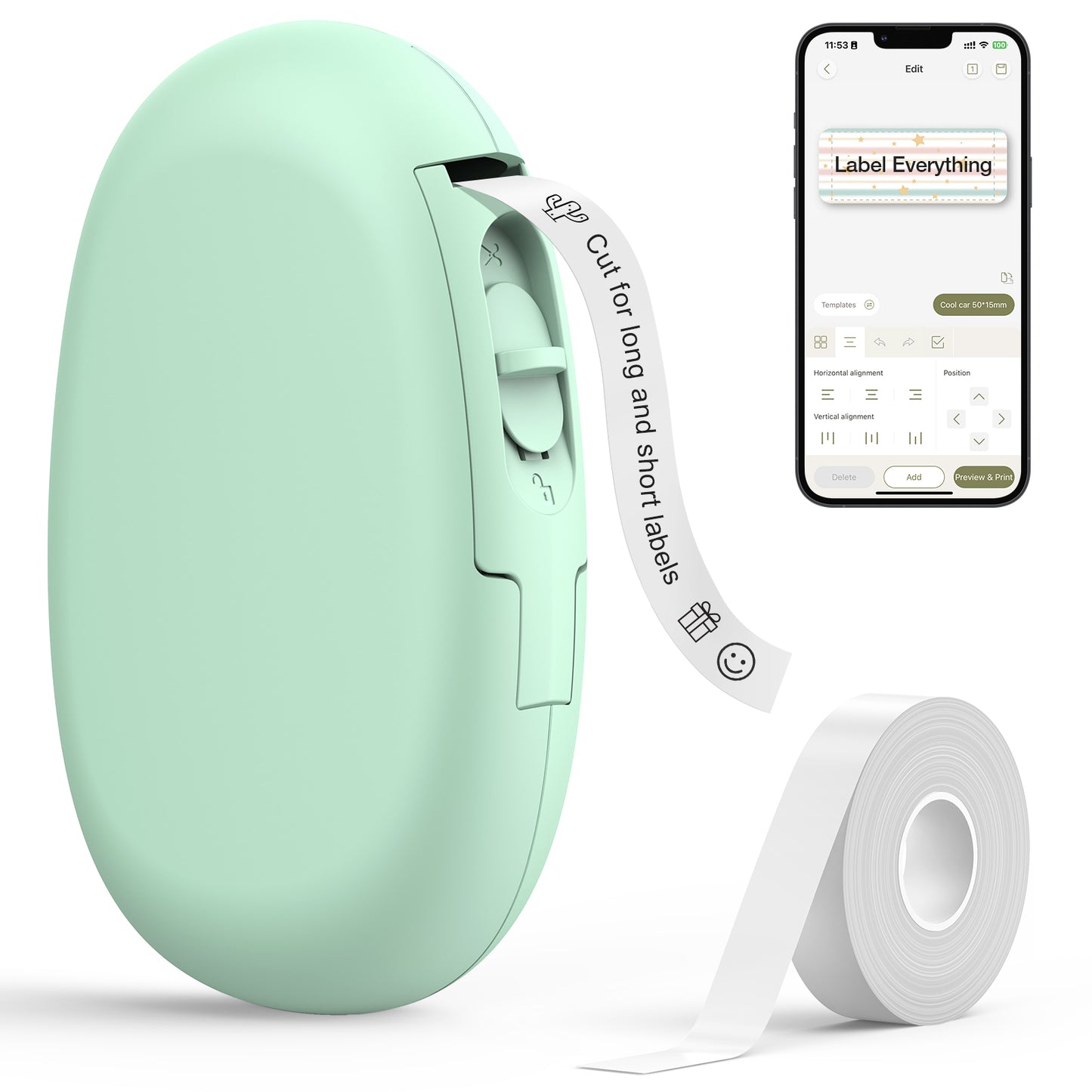 SUPVAN E10 Bluetooth Label Maker Machine with Tape, Continuous Waterproof Label, Versatile App with 35 Fonts and 1k+ Icons, Inkless Labeler for Home, Kitchen, School, Office Organization, Green