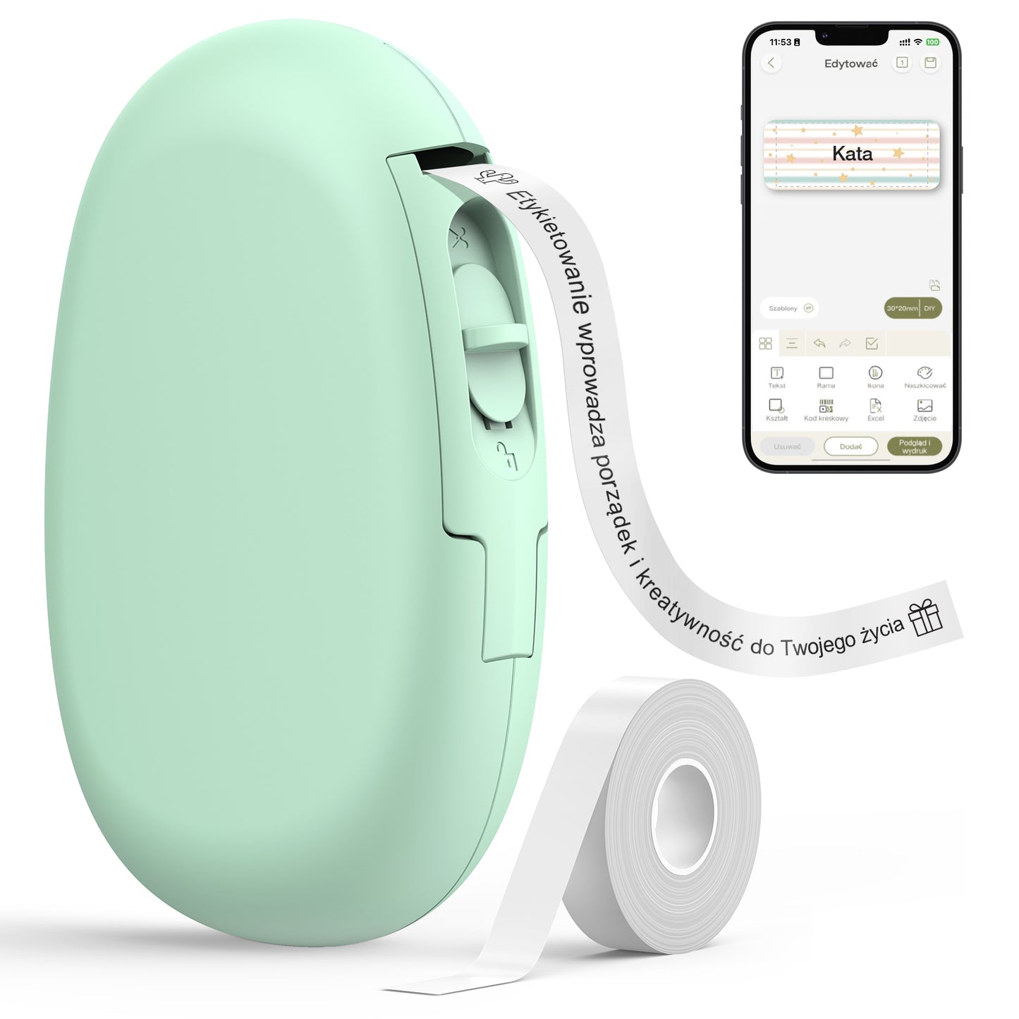 SUPVAN Drukarka Etykiet Bluetooth E10, Samoprzylepna Drukarka Etykiet, Drukarka Termiczna kompatybilna z systemem iOS Android, do domu, biura i małych firm, Zielony