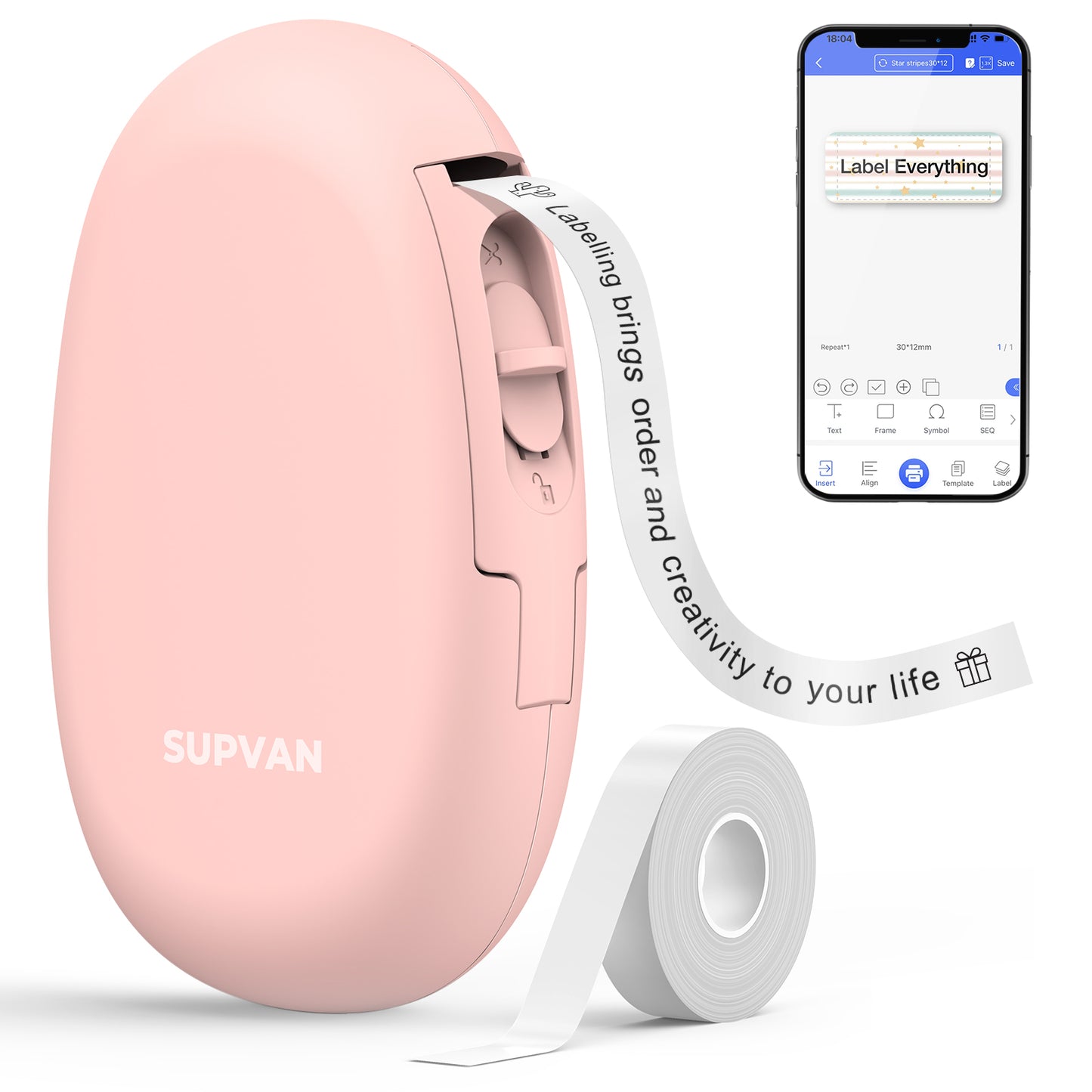 SUPVAN E10 Bluetooth Label Maker Machine with Tape, Continuous Waterproof Label, Versatile App with 35 Fonts and 1k+ Icons, Inkless Labeler for Home, Kitchen, School, Office Organization, Pink
