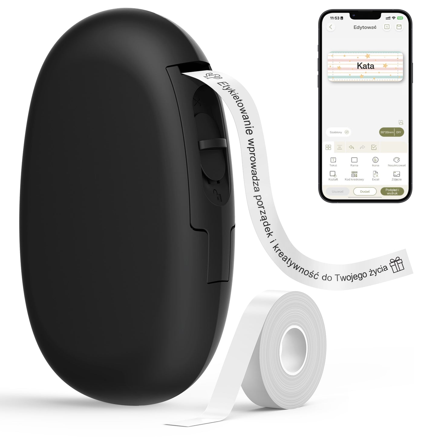 SUPVAN Drukarka Etykiet Bluetooth E10, Samoprzylepna Drukarka Etykiet, Drukarka Termiczna kompatybilna z systemem iOS Android, do domu, biura i małych firm, Czarny