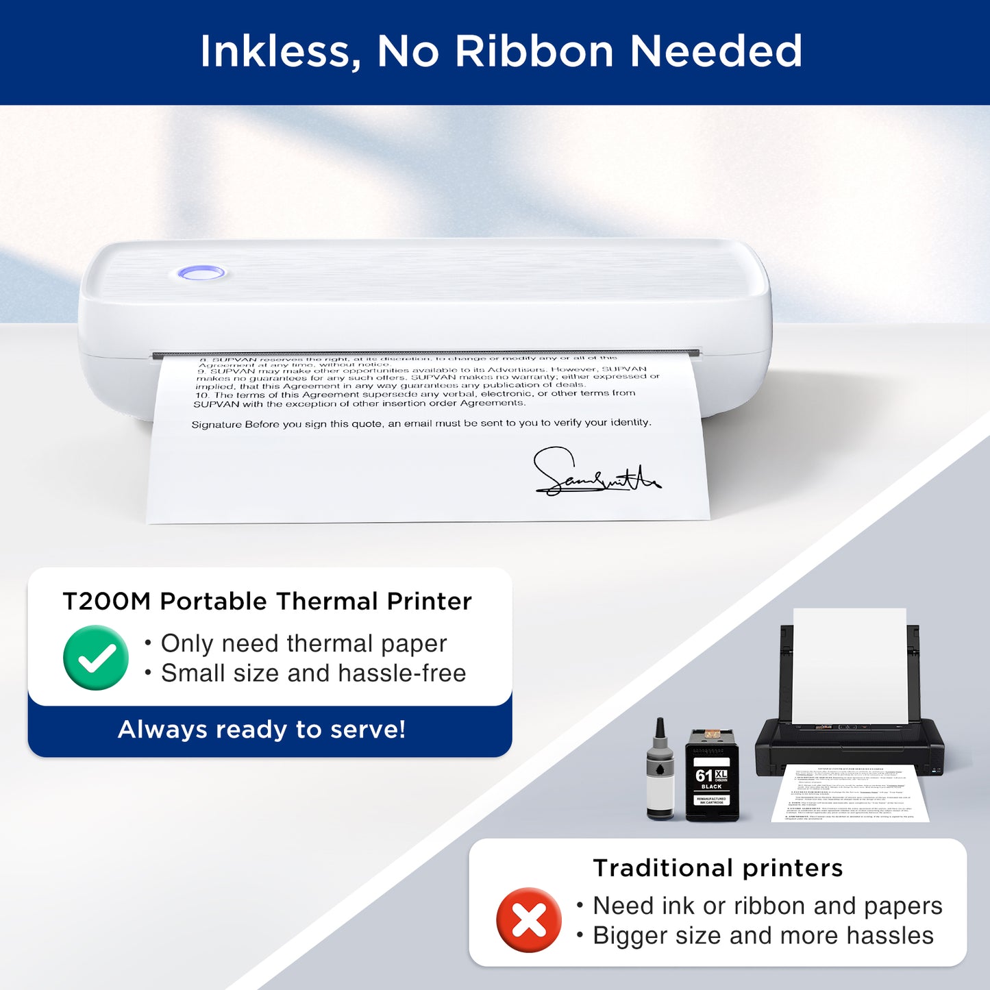 SUPVAN T200M Portable Printer Wireless for Travel, Bluetooth Inkless Printer with 300 DPI, Prints 400 Pages per Charge, Supports 8.5" X 11" US Letter, Compatible with iPhone, Android & Laptop