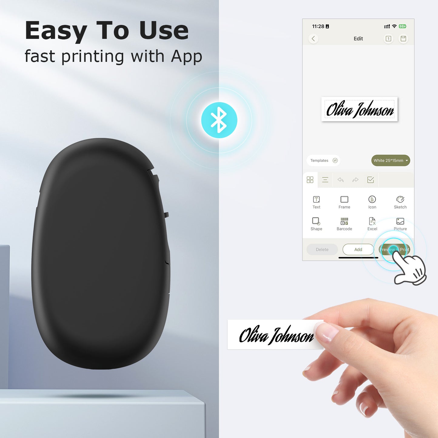 SUPVAN E10 Label Maker Machine with Continuous Tape, Portable Bluetooth Mini Thermal Label Printer Handheld, Free Multiples Fonts Icon, Compatible Android & iOS, USB Rechargeable, Black