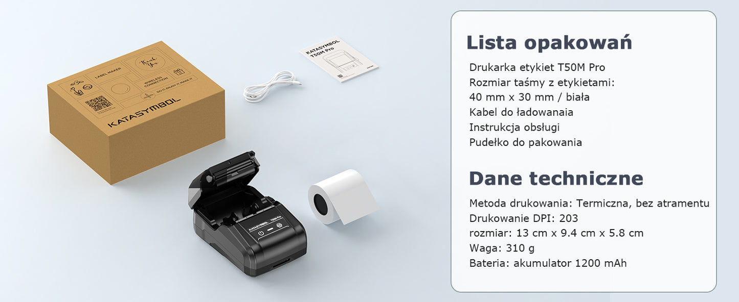 SUPVAN T50M Pro drukarka etykiet, samoprzylepna drukarka etykiet z 1 rolką wodoodpornych etykiet, termiczna drukarka etykiet samoprzylepnych, inteligentna aplikacja 34+ czcionki 450+ ikony