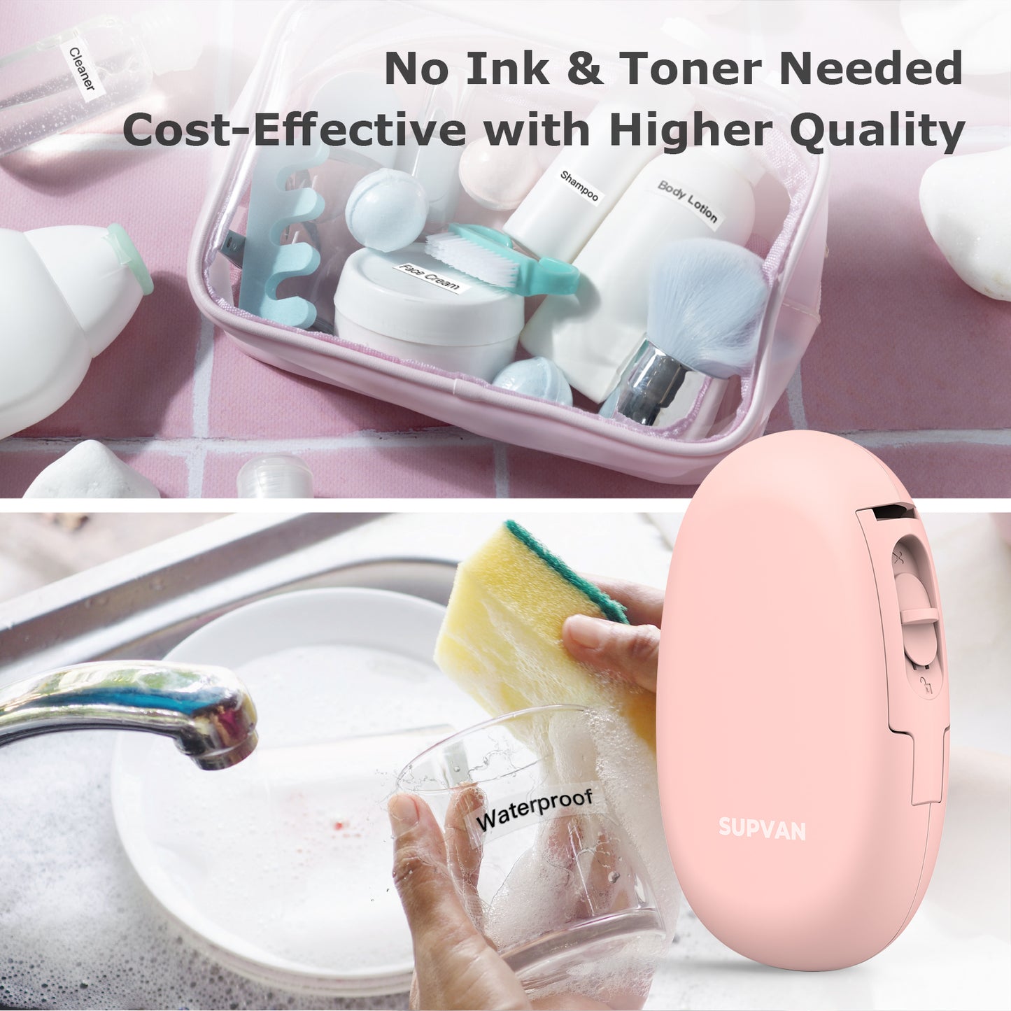 SUPVAN E10 Bluetooth Label Maker Machine with Tape, Continuous Waterproof Label, Versatile App with 35 Fonts and 1k+ Icons, Inkless Labeler for Home, Kitchen, School, Office Organization, Pink