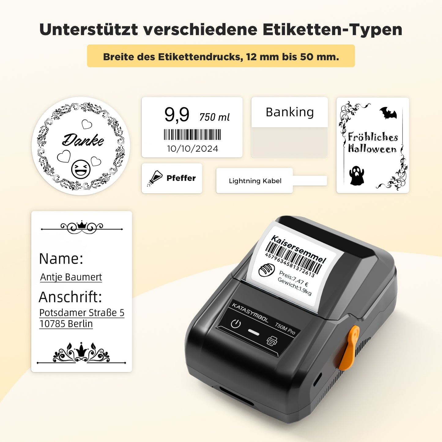 SUPVAN T50M Pro Bluetooth Etikettendrucker mit 3 Etiketten, Breite wasserfeste Etiketten, Vielseitige App mit 30 Schriftarten und über 700 Icons, Etikettiergerät für Einzelhandel, Büro, Organisation