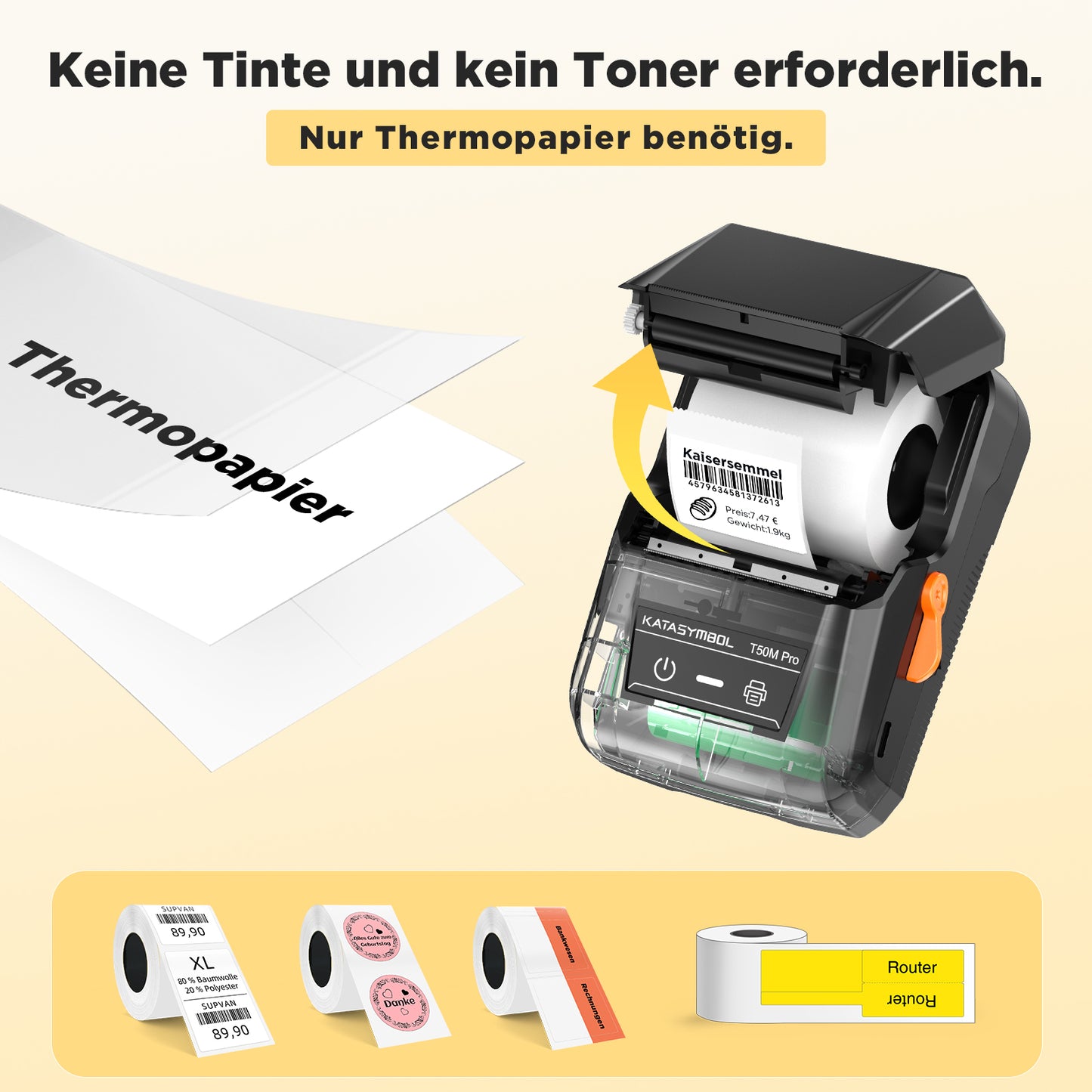 SUPVAN T50M Pro Bluetooth Etikettendrucker mit 3 Etiketten, Breite wasserfeste Etiketten, Vielseitige App mit 30 Schriftarten und über 700 Icons, Etikettiergerät für Einzelhandel, Büro, Organisation