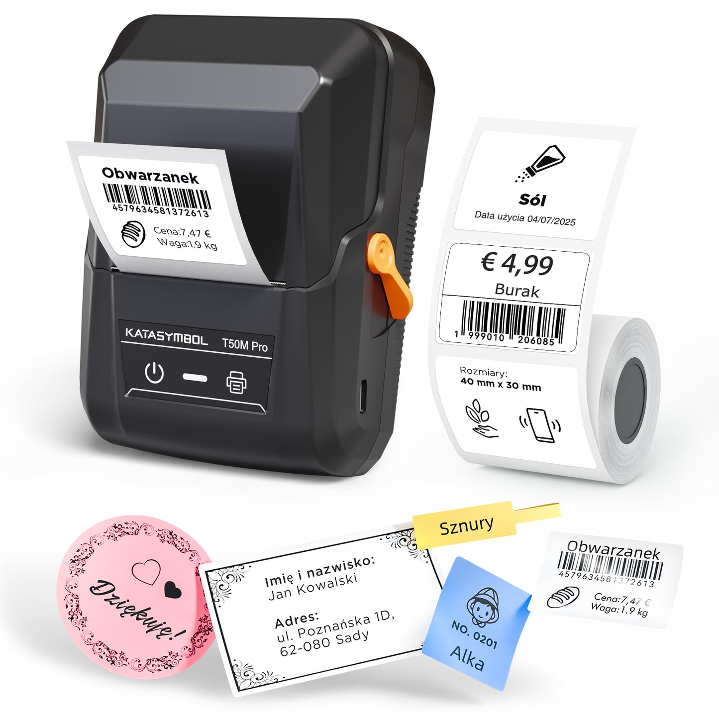 SUPVAN T50M Pro drukarka etykiet, samoprzylepna drukarka etykiet z 1 rolką wodoodpornych etykiet, termiczna drukarka etykiet samoprzylepnych, inteligentna aplikacja 34+ czcionki 450+ ikony