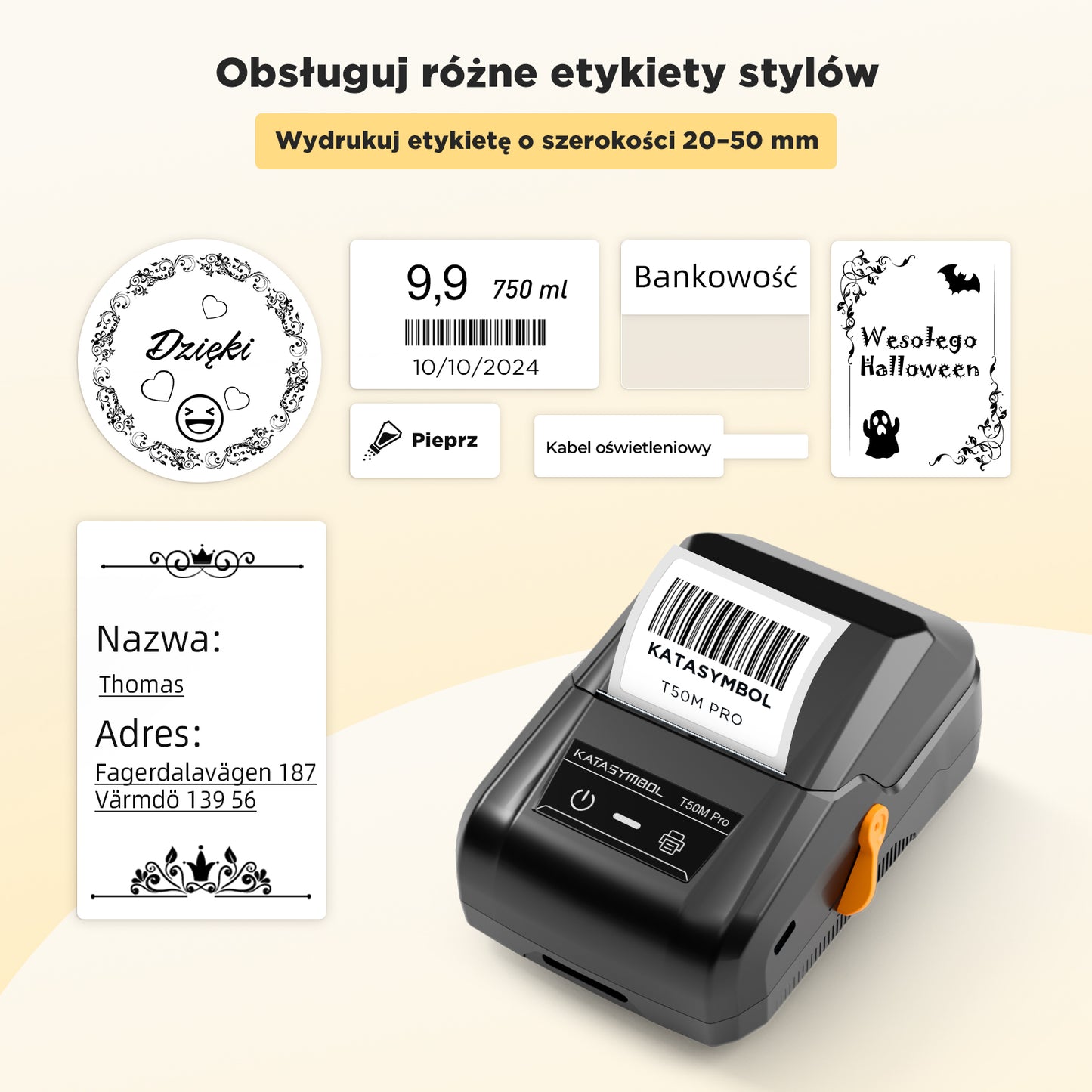 SUPVAN T50M Pro drukarka etykiet, samoprzylepna drukarka etykiet z 1 rolką wodoodpornych etykiet, termiczna drukarka etykiet samoprzylepnych, inteligentna aplikacja 34+ czcionki 450+ ikony