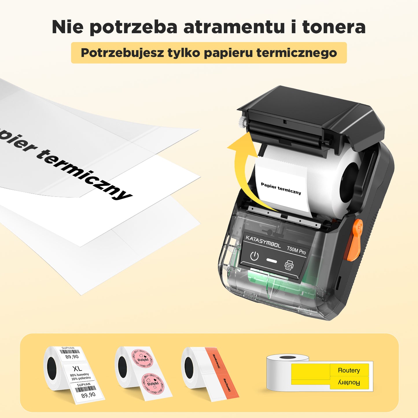 SUPVAN T50M Pro drukarka etykiet, samoprzylepna drukarka etykiet z 1 rolką wodoodpornych etykiet, termiczna drukarka etykiet samoprzylepnych, inteligentna aplikacja 34+ czcionki 450+ ikony