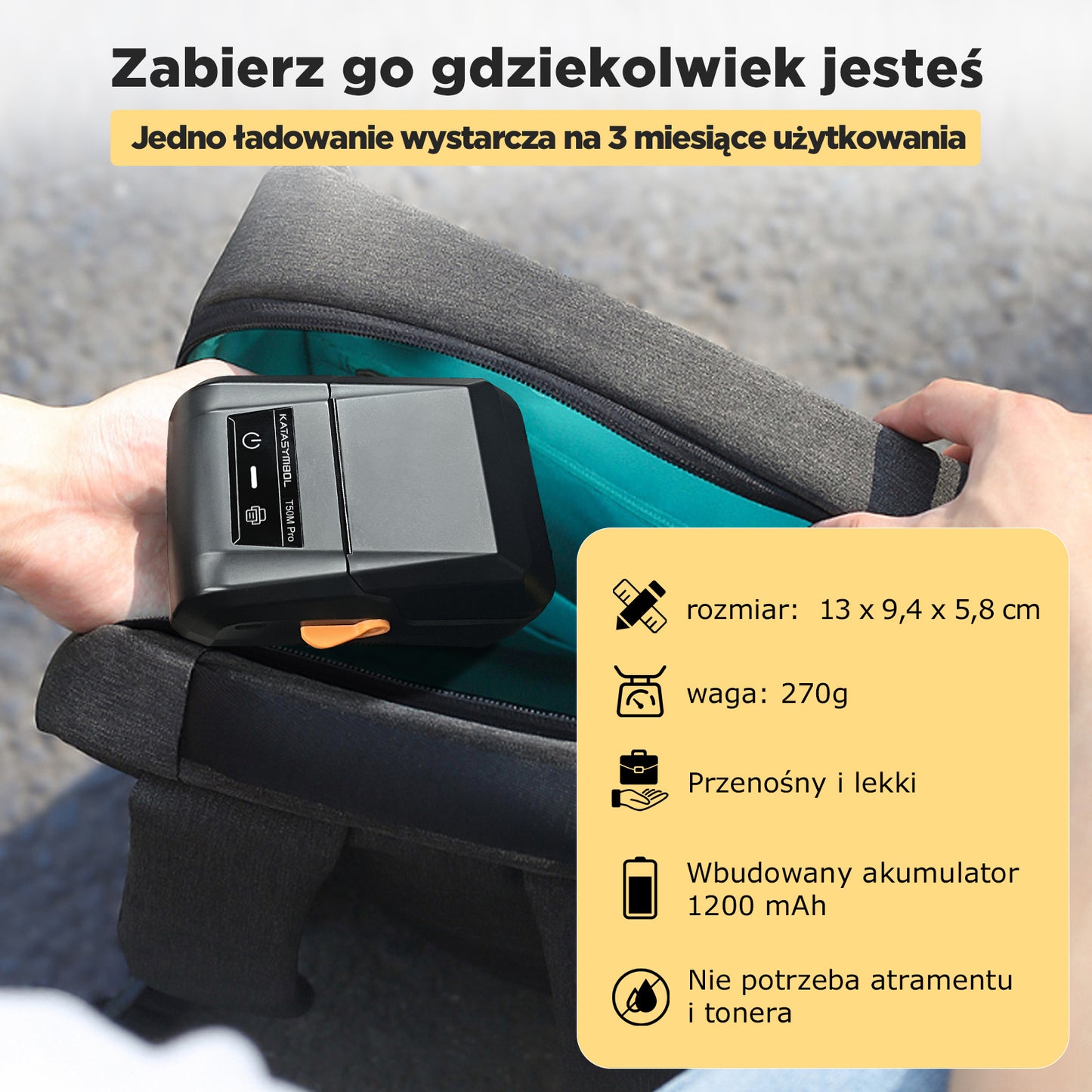 SUPVAN T50M Pro drukarka etykiet, samoprzylepna drukarka etykiet z 1 rolką wodoodpornych etykiet, termiczna drukarka etykiet samoprzylepnych, inteligentna aplikacja 34+ czcionki 450+ ikony