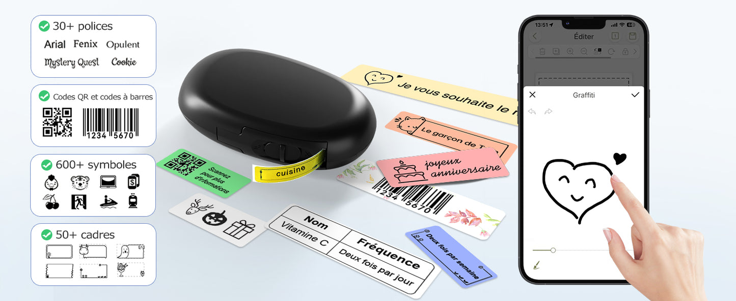 SUPVAN E10 Etiqueteuse avec étiquettes, imprimante d'étiquettes Autocollantes, Application Intelligente 40+ Polices, 150+ modèles et 700+ icônes, Impression d'étiquettes personnalisées, Noir