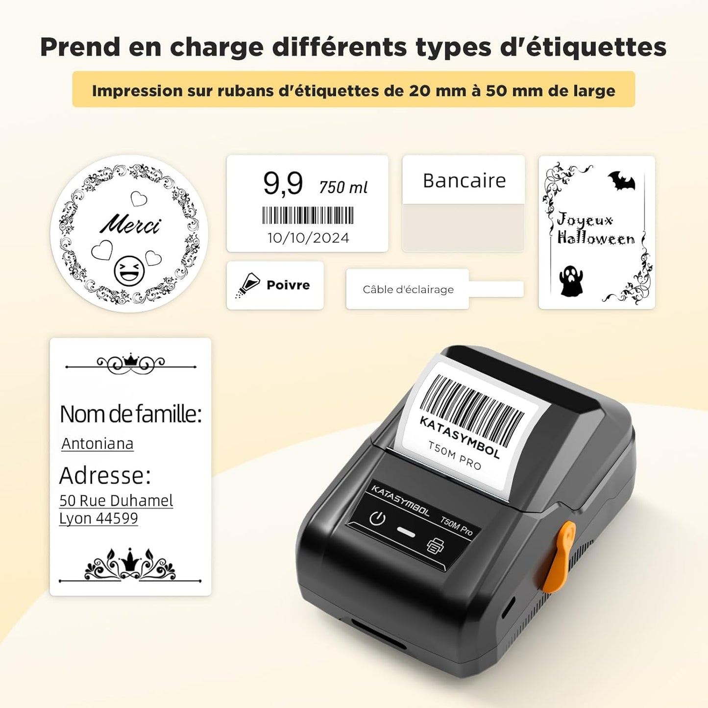 SUPVAN Etiqueteuse T50M Pro, Étiqueteuse Autocollante contien 3 Rouleau Étiquettes Imperméables, Imprimante Etiquette Autocollante Thermique, Smart App 40+ Polices 700+ Icônes