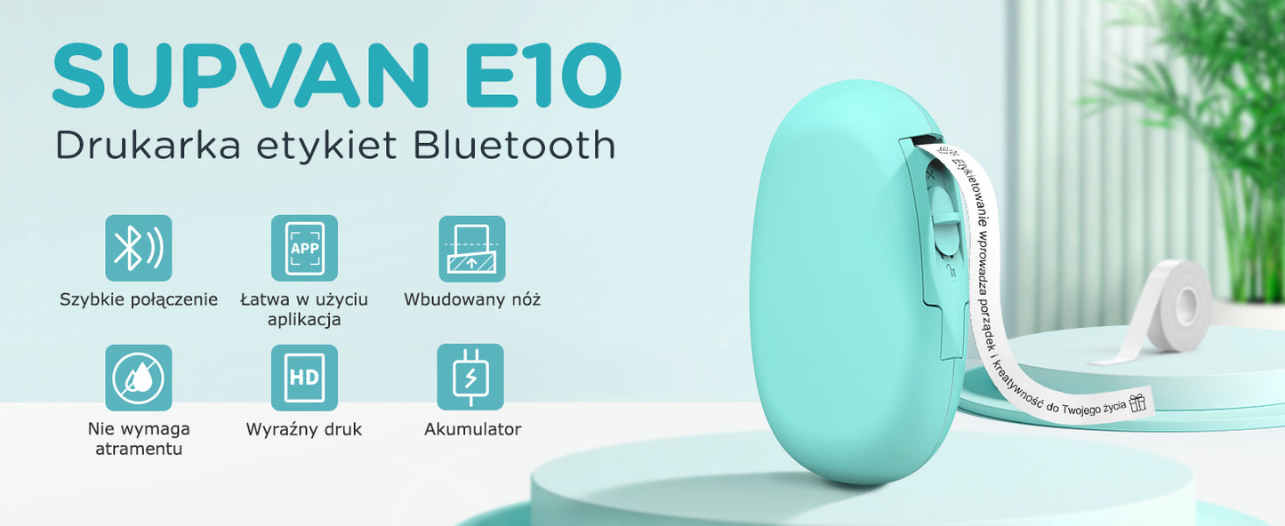 SUPVAN Drukarka Etykiet Bluetooth E10, Samoprzylepna Drukarka Etykiet, Drukarka Termiczna kompatybilna z systemem iOS Android, do domu, biura i małych firm, Cyjan