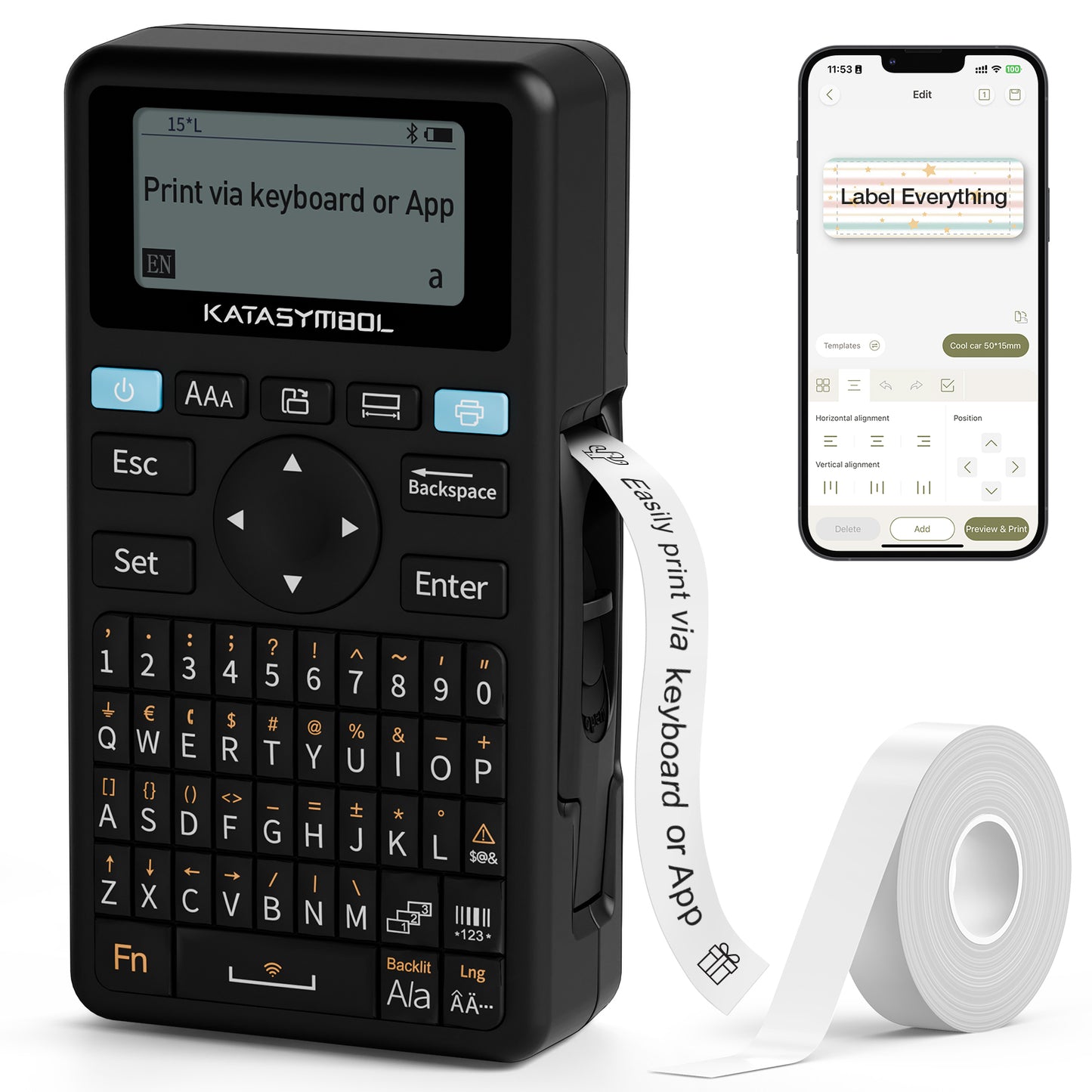 SUPVAN E11 Bluetooth Label Maker Machine with Tape, Support Keyboard & App with 40 Fonts and 450+ Icons, Rechargeable Inkless Labeler for Home, Kitchen, Office, School, Organization, Black