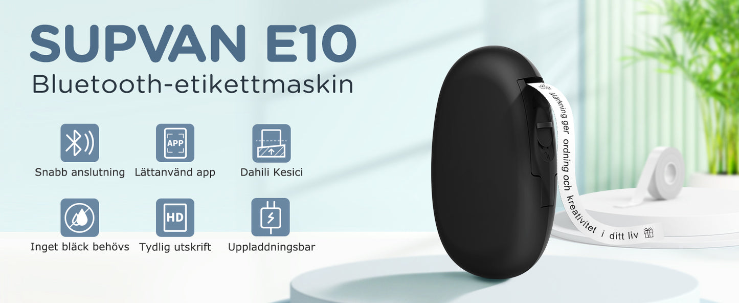 SUPVAN E10 Självhäftande Bluetooth-termisk etikettskrivare med 1 etikettrulle, smart app med 30+ teckensnitt, 140+ mallar och 1000+ ikoner för hem, skola, kontor, svart