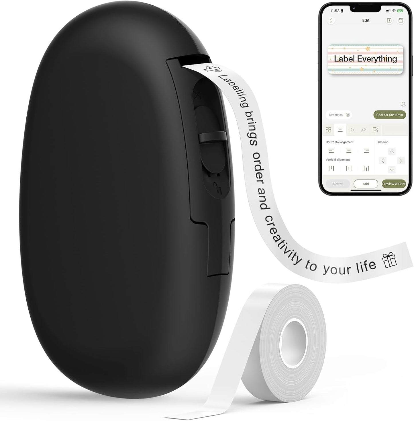 SUPVAN E10 Bluetooth Label Maker Machine with Tape, Continuous Waterproof Label, Versatile App with 35 Fonts and 1k+ Icons, Inkless Labeler for Home, Kitchen, School, Office Organization, Black