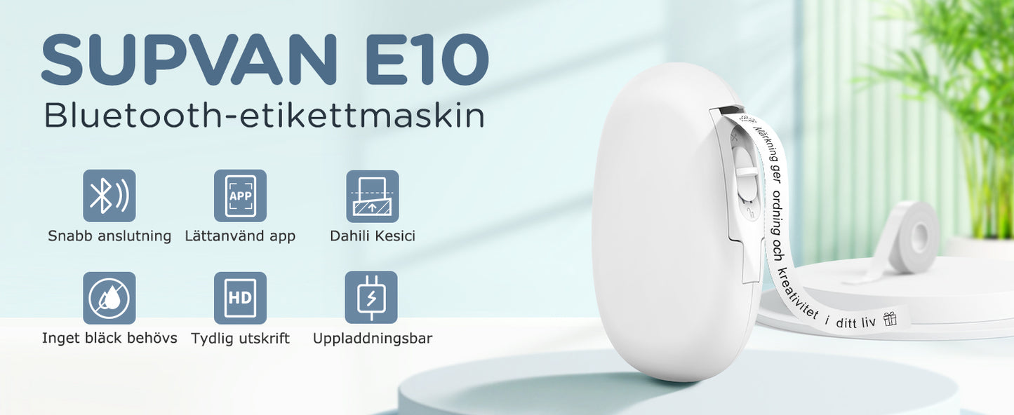 SUPVAN E10 självhäftande Bluetooth-termisk etikettskrivare med 1 etikettrulle, smart app med 30+ teckensnitt, 140+ mallar och 1000+ ikoner för hem, skola, kontor, vit