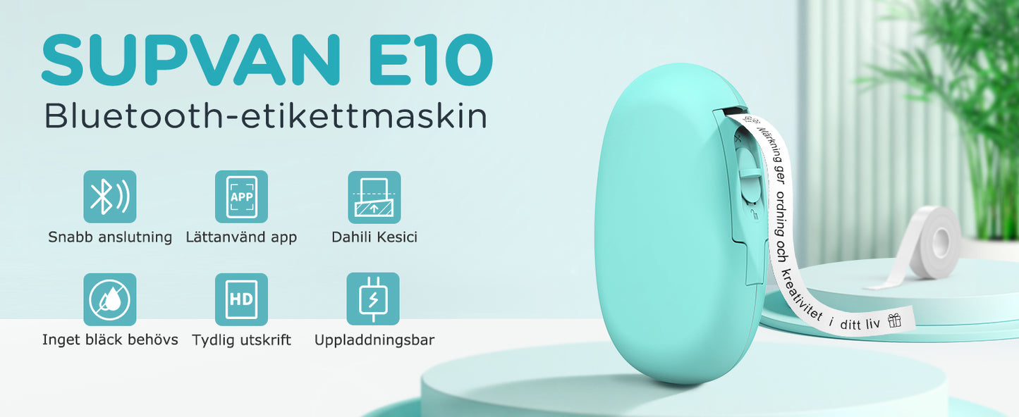 SUPVAN E10 Självhäftande Bluetooth-termisk etikettskrivare med 1 etikettrulle, smart app med 30+ teckensnitt, 140+ mallar och 1000+ ikoner för hem, skola, kontor, cyan