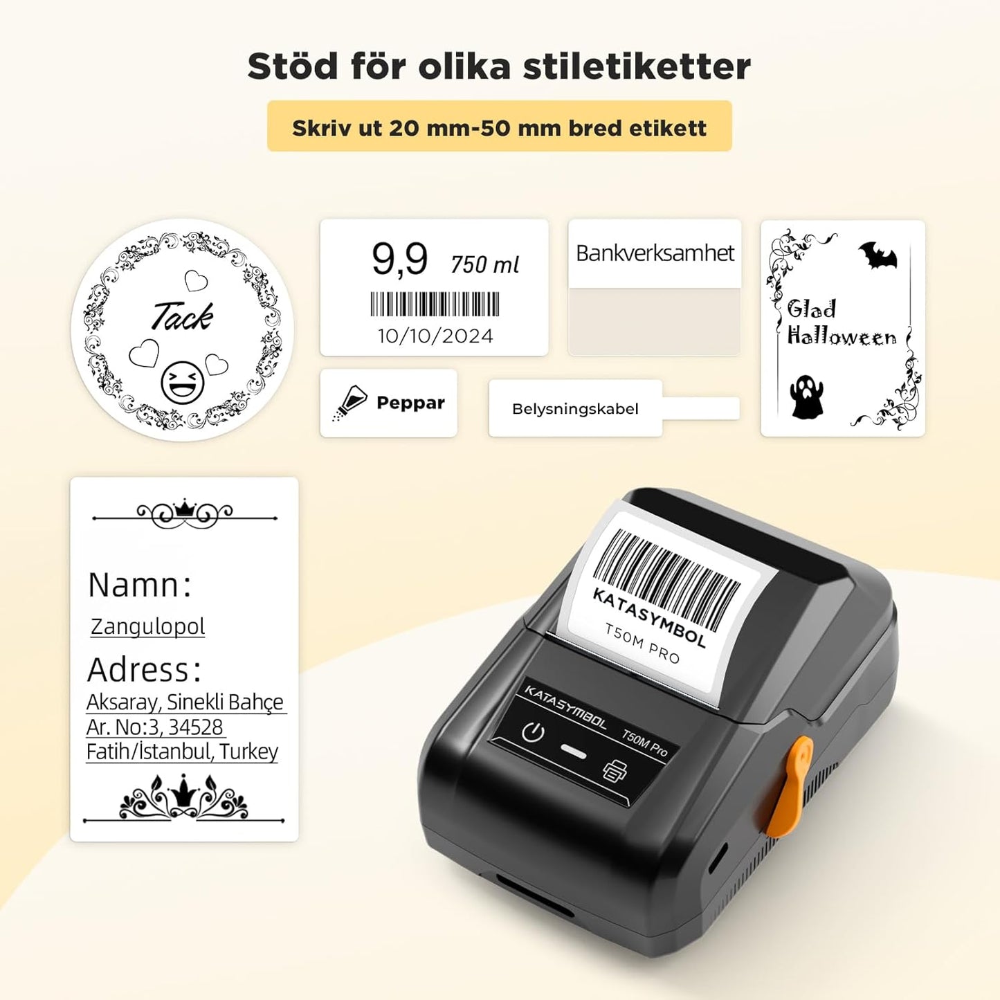 SUPVAN T50M Pro självhäftande Bluetooth-termomärkare med 1 etikettrulle, multifunktionell app med 40+ teckensnitt och 700+ ikoner för hem, kök, skola, kontor