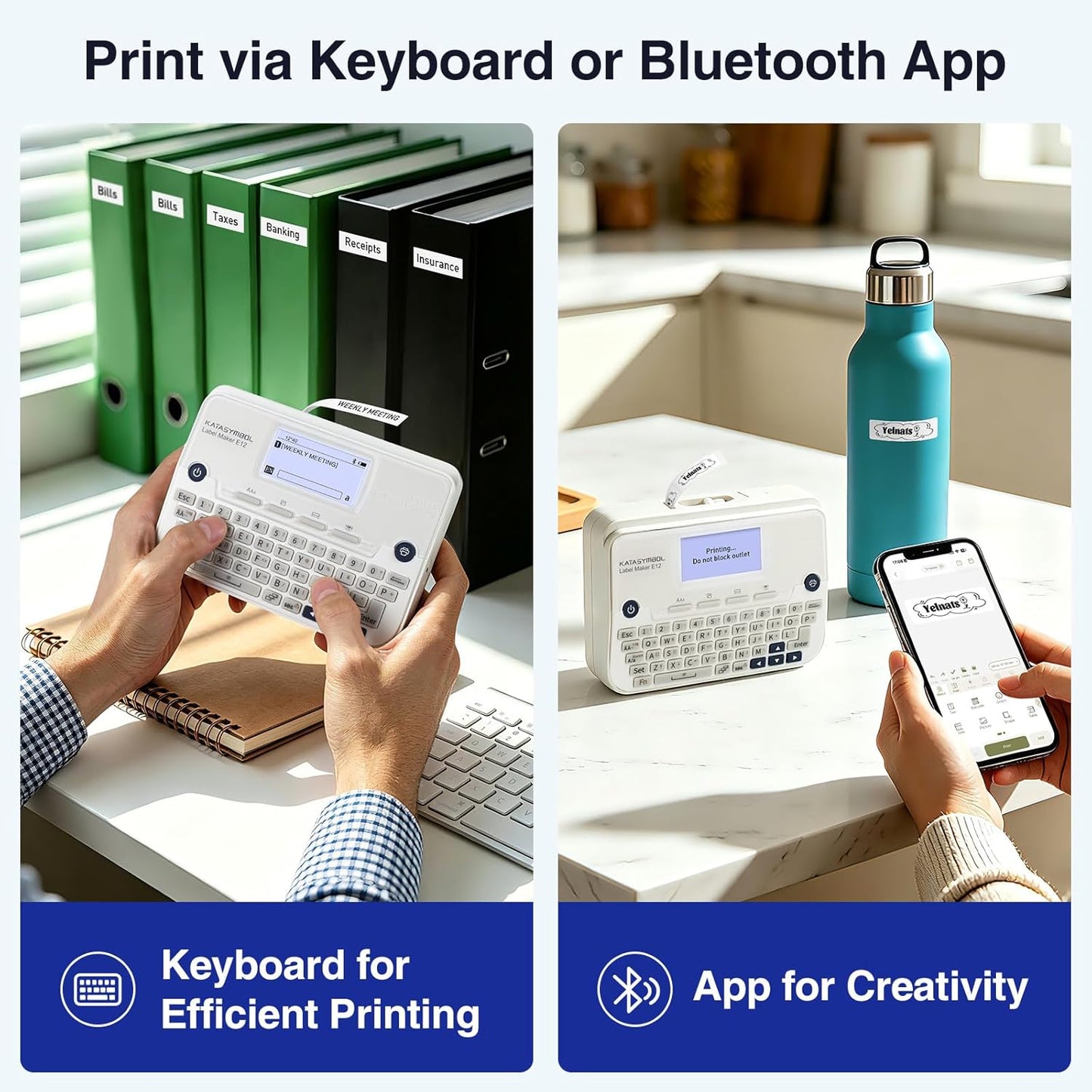 SUPVAN E12 Bluetooth Label Maker Machine with 4 Tapes, Support Keyboard & App with 30+ Fonts and 660+ Icons, Rechargeable Inkless Labeler for Office, Home, Kitchen, School, Organization, White