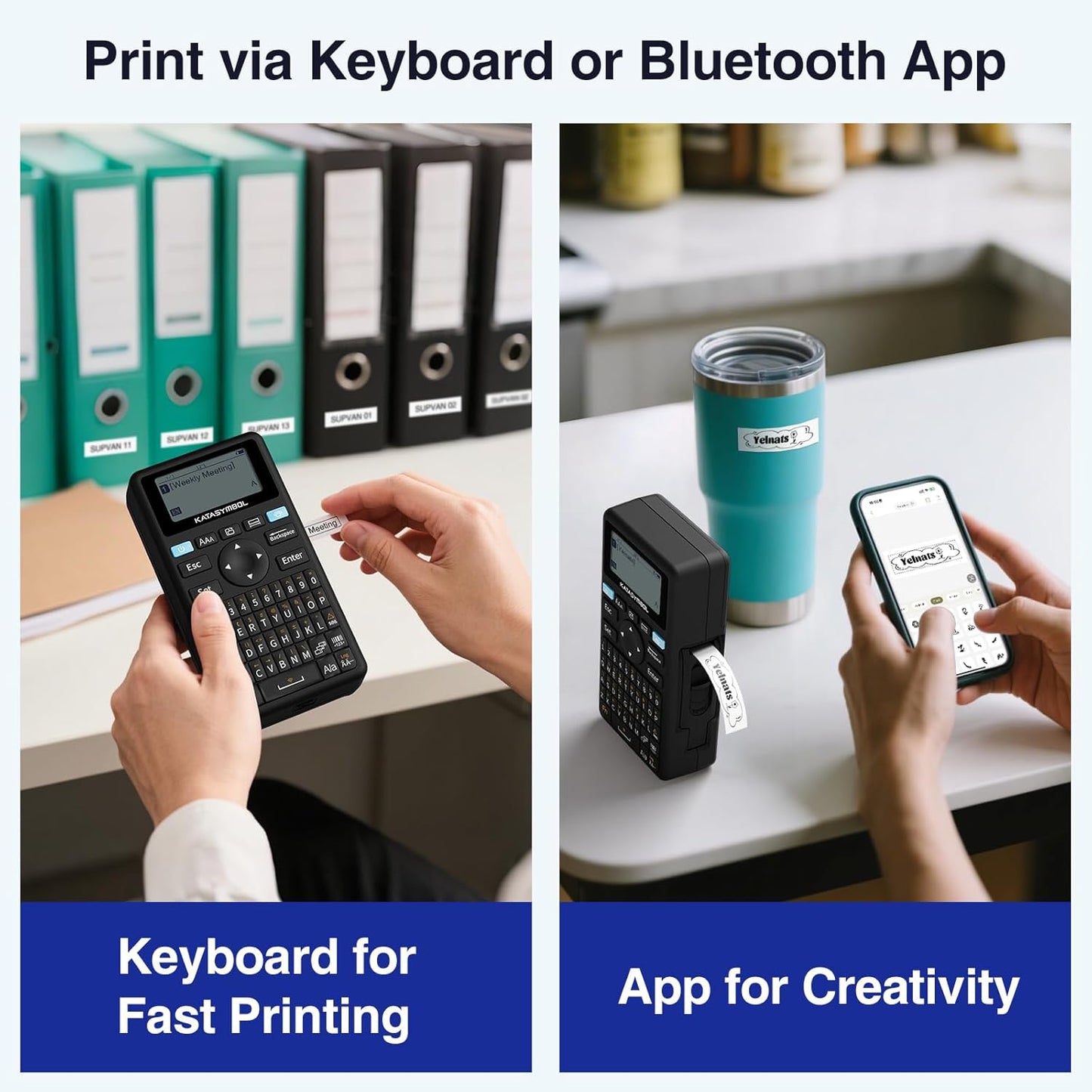 SUPVAN E11 Bluetooth Label Maker Machine, Support Keyboard & App with 30+ Fonts and 660+ Icons, Rechargeable Inkless Labeler for Home, Kitchen, Office, School, Organization, Black