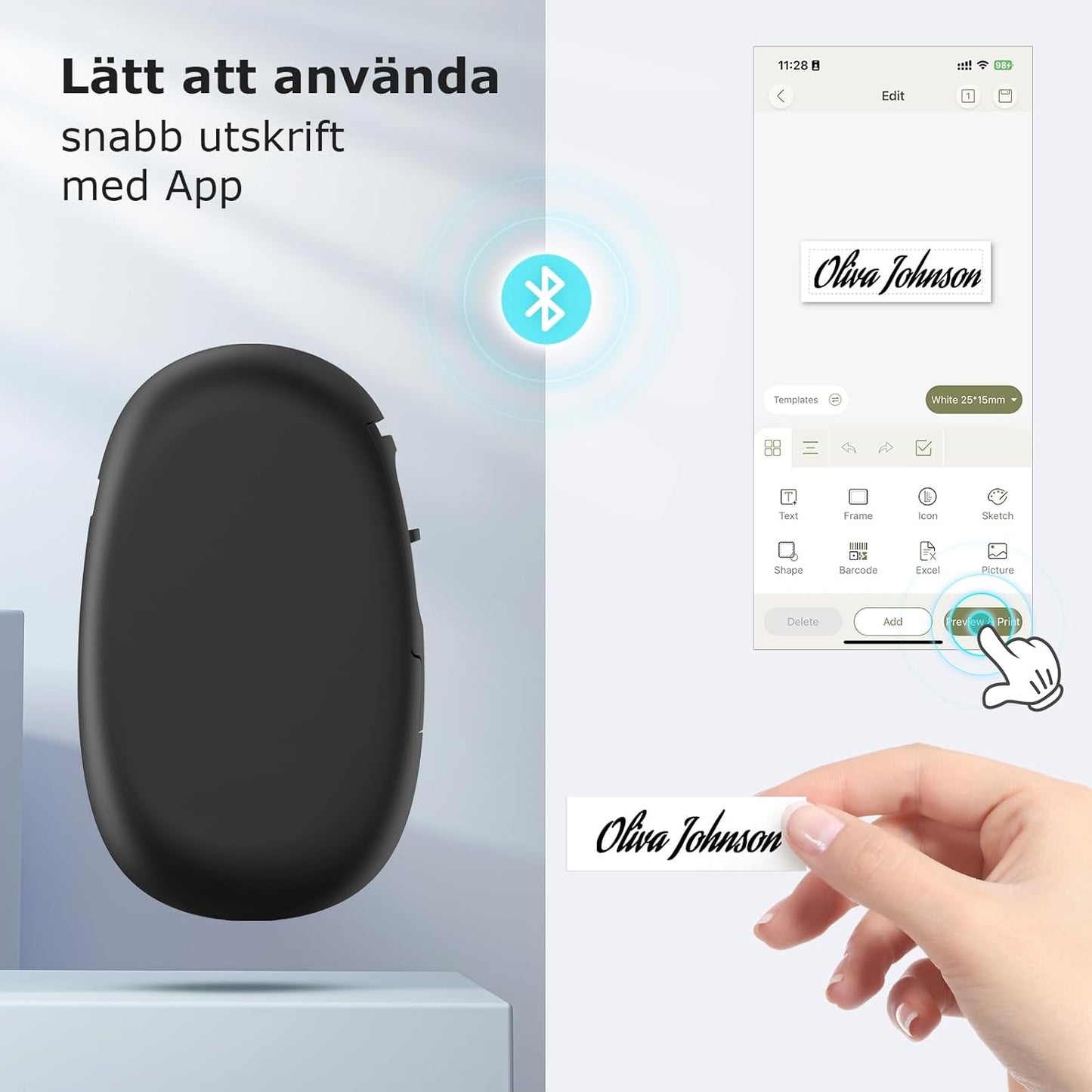 SUPVAN E10 Självhäftande Bluetooth-termisk etikettskrivare med 1 etikettrulle, smart app med 30+ teckensnitt, 140+ mallar och 1000+ ikoner för hem, skola, kontor, svart