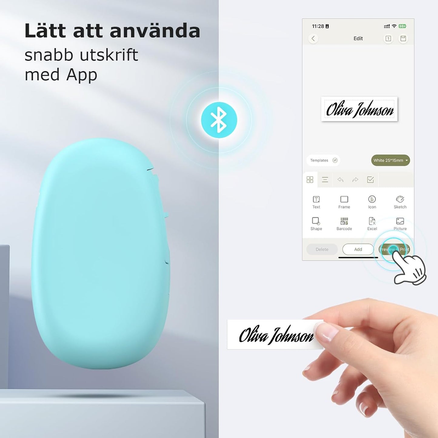 SUPVAN E10 Självhäftande Bluetooth-termisk etikettskrivare med 1 etikettrulle, smart app med 30+ teckensnitt, 140+ mallar och 1000+ ikoner för hem, skola, kontor, cyan