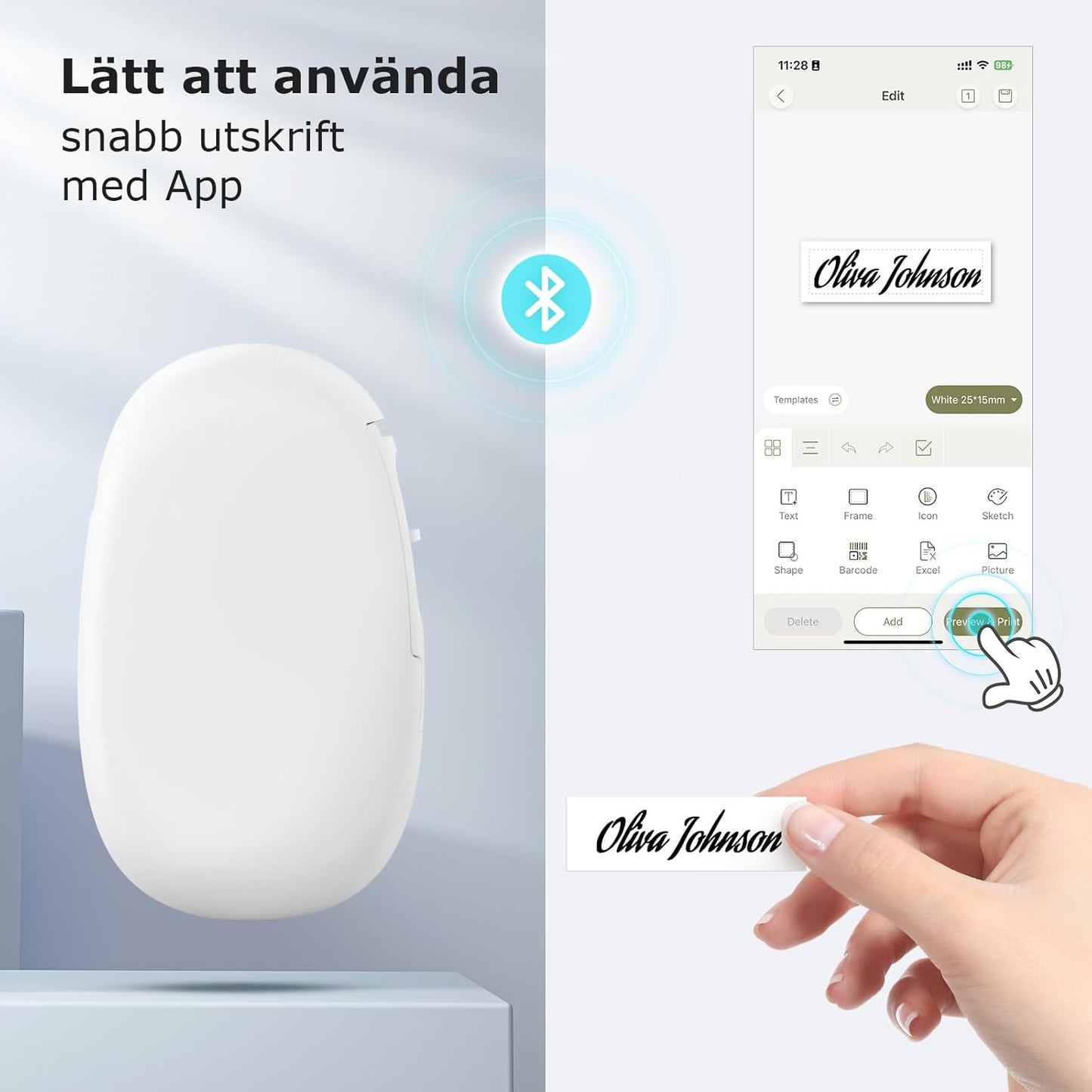 SUPVAN E10 självhäftande Bluetooth-termisk etikettskrivare med 1 etikettrulle, smart app med 30+ teckensnitt, 140+ mallar och 1000+ ikoner för hem, skola, kontor, vit