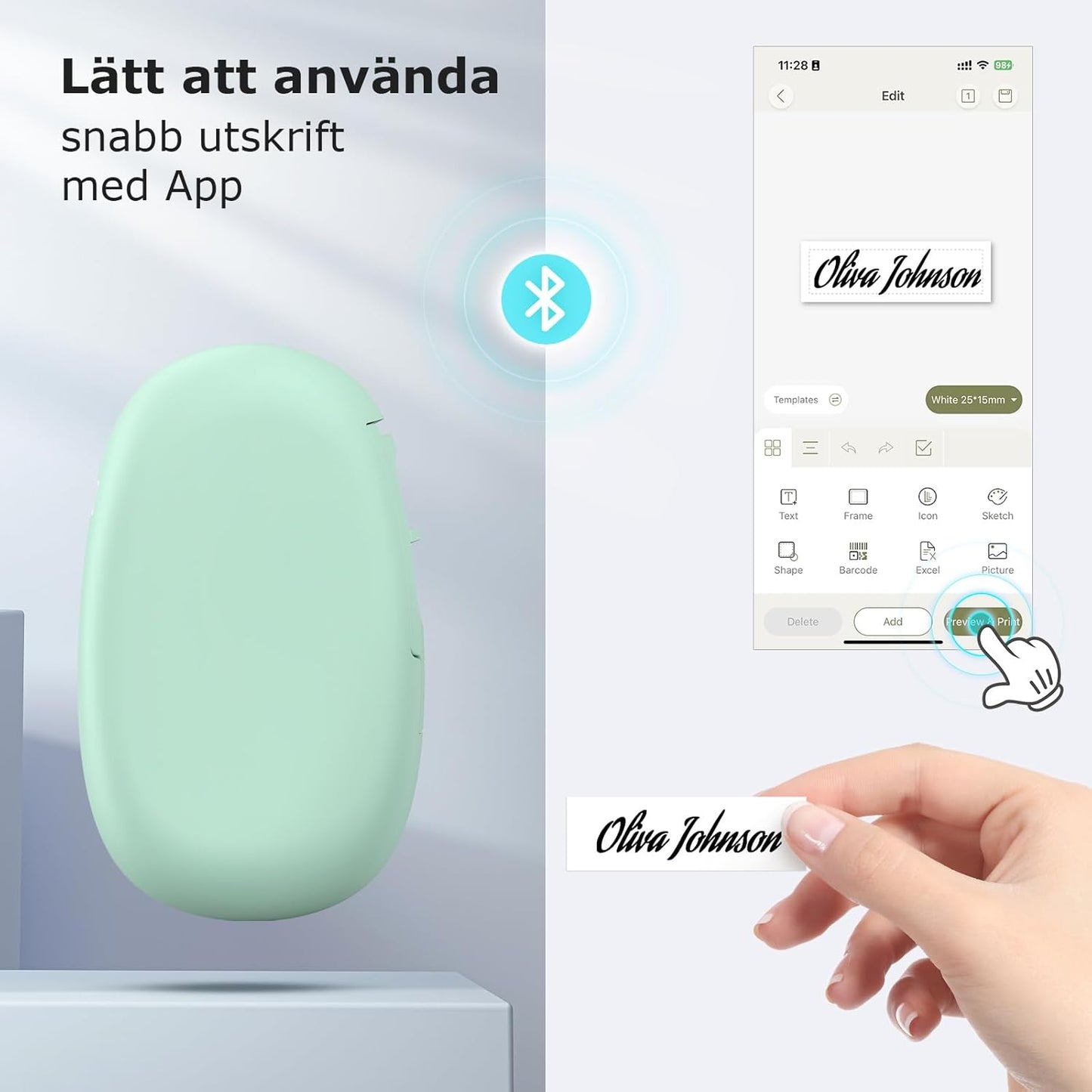 SUPVAN E10 självhäftande Bluetooth-termisk etikettskrivare med 1 etikettrulle, smart app med 30+ teckensnitt, 140+ mallar och 1000+ ikoner för hem, skola, kontor, grön