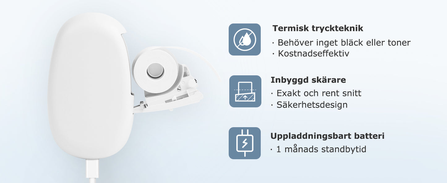 SUPVAN E10 självhäftande Bluetooth-termisk etikettskrivare med 1 etikettrulle, smart app med 30+ teckensnitt, 140+ mallar och 1000+ ikoner för hem, skola, kontor, vit