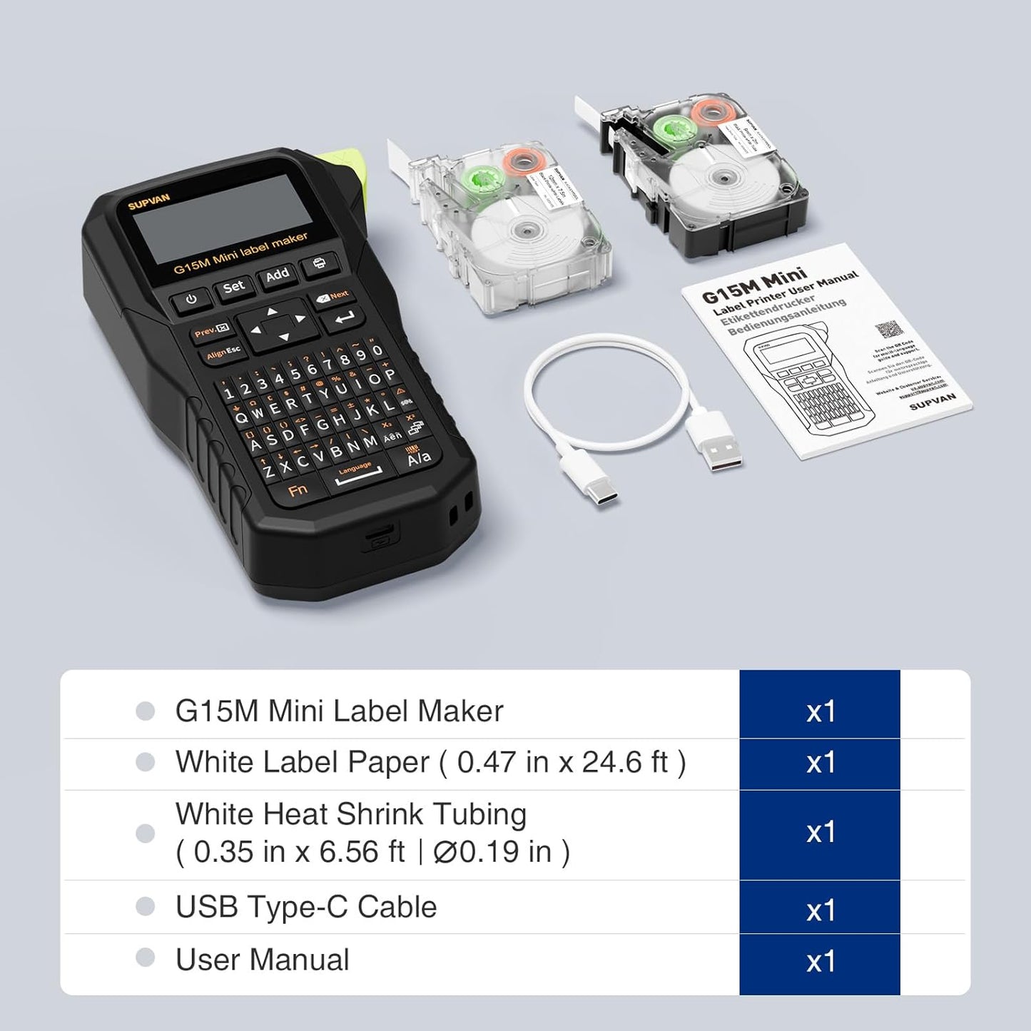 SUPVAN G15M Mini Portable Label Maker Machine with Tapes, Rechargeable 1200mAh Battery Thermal Transfer Printer, Compatible with Multi-Type Label, Home, Garage, Office & Outdoor