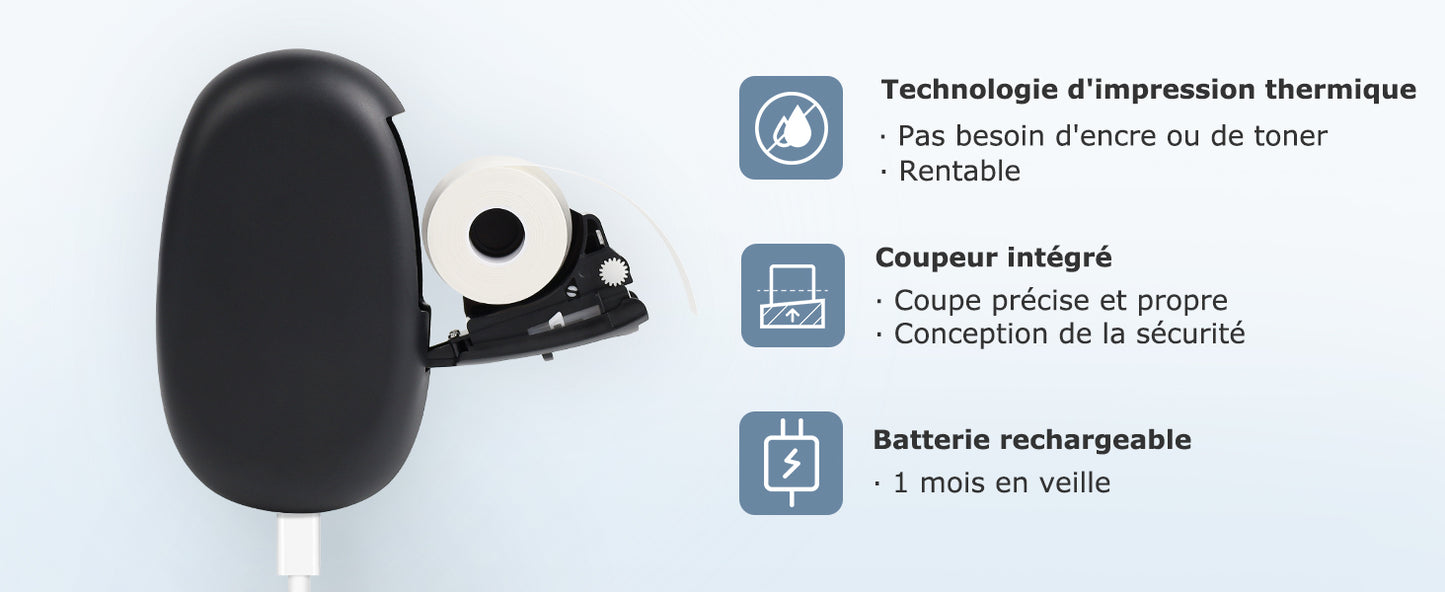 SUPVAN E10 Etiqueteuse avec 3 d'étiquettes, imprimante d'étiquettes Autocollantes, Application Intelligente 40+ Polices, 150+ modèles et 700+ icônes, Impression d'étiquettes personnalisées, Noir