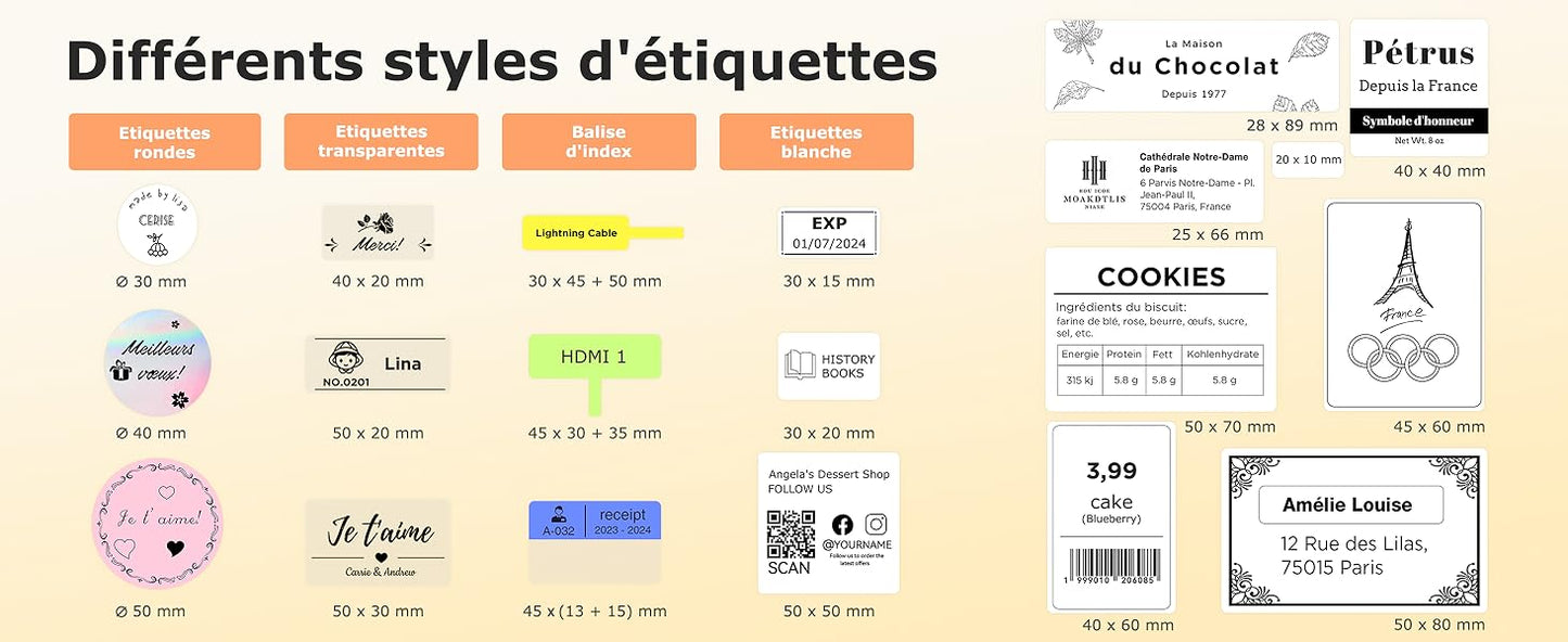 SUPVAN Etiqueteuse T50M Pro, Étiqueteuse Autocollante contien 1 Rouleau Étiquettes Imperméables, Imprimante Etiquette Autocollante Thermique, Smart App 40+ Polices 700+ Icônes